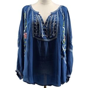 Kyla Sea Blouse Womens L Blue Tunic V-Neck Embroidered Lightweight Rayon